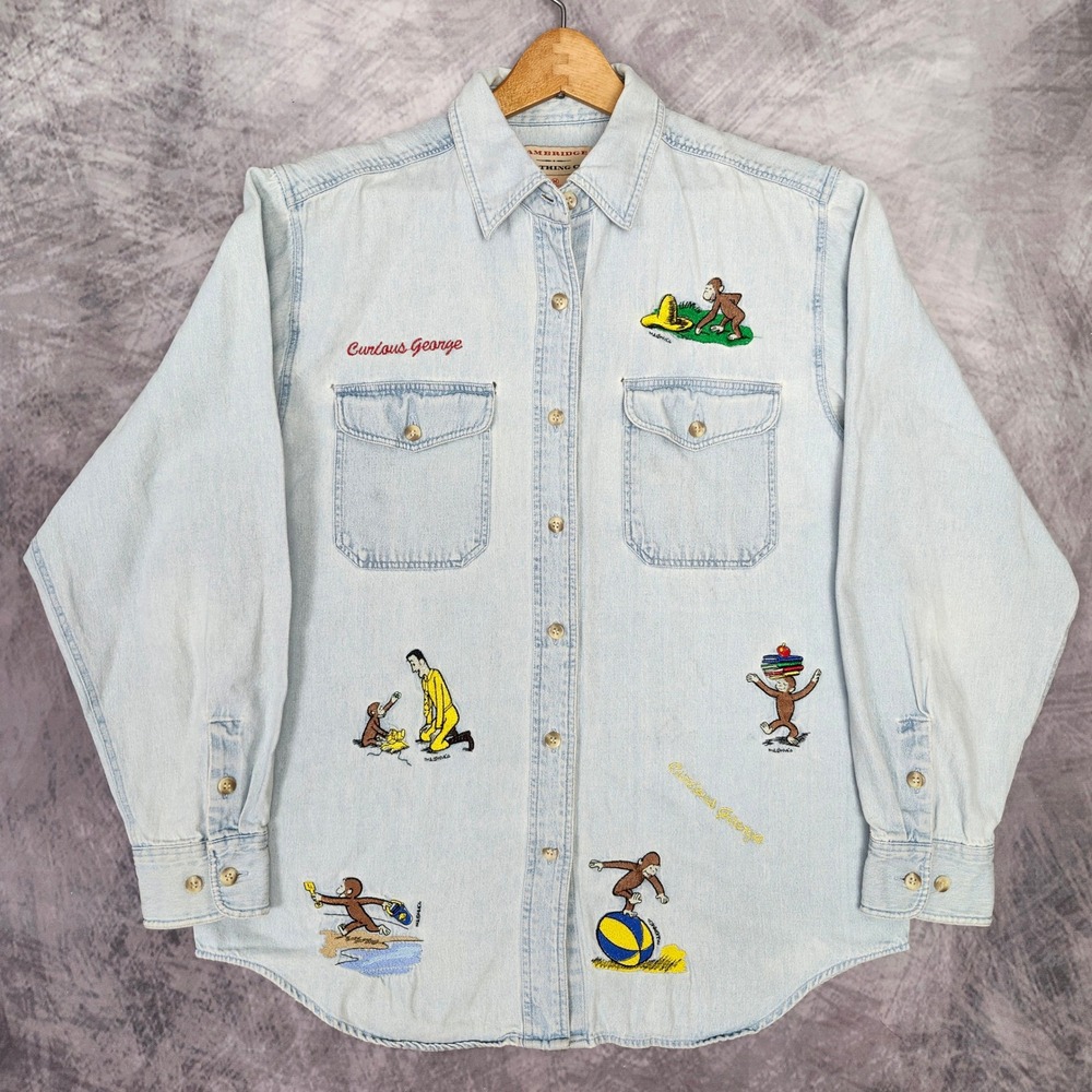 Vintage Curious George Embroidered Man in Yellow Hat Chambray Denim Shirt Size M